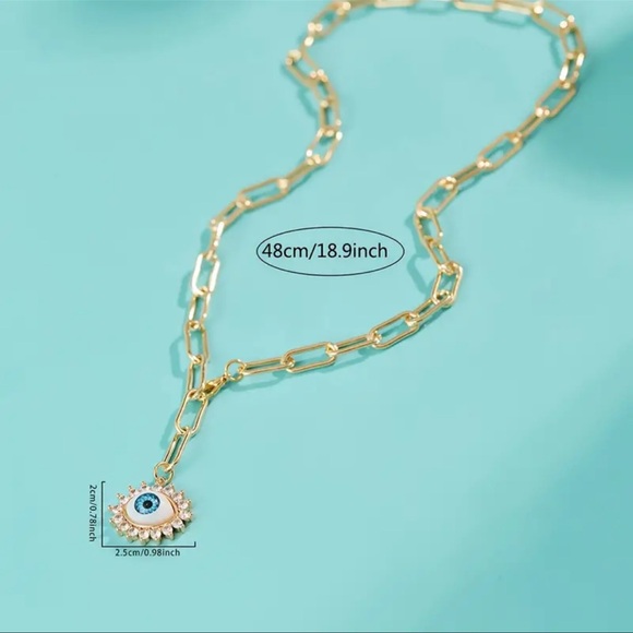 New Evil Eye Gold Paperclip Diamond CZ Chain Pendant Necklace NWT - Picture 3 of 5